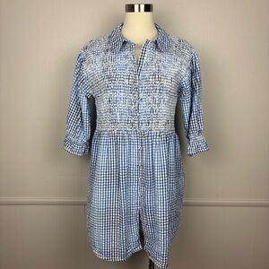 Free People Charlotte Gingham Tunic Top Size M Puff Sleeves Boho Chic Blue Plaid